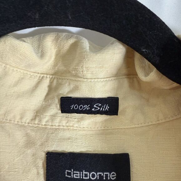 Claiborne Hawaiian 100% Silk Shirt Men's XL Solid Yellow Button Up Short Sleeve - Picture 5 of 10